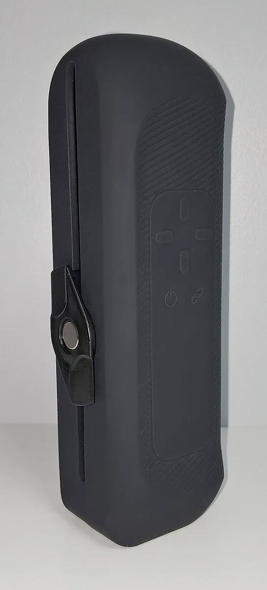 The Handy 2 standing upright, control buttons facing front, with the ClickOn clip on its left edge