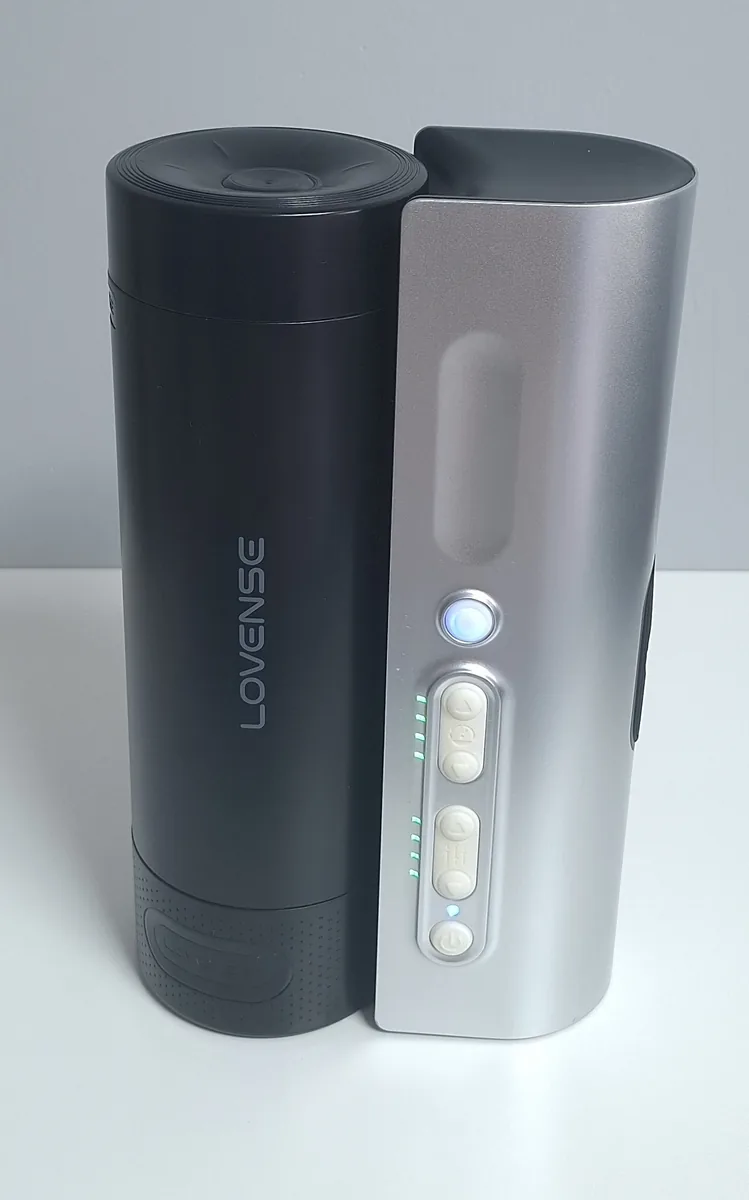 The Lovense Solace Pro standing upright, controller side facing forward