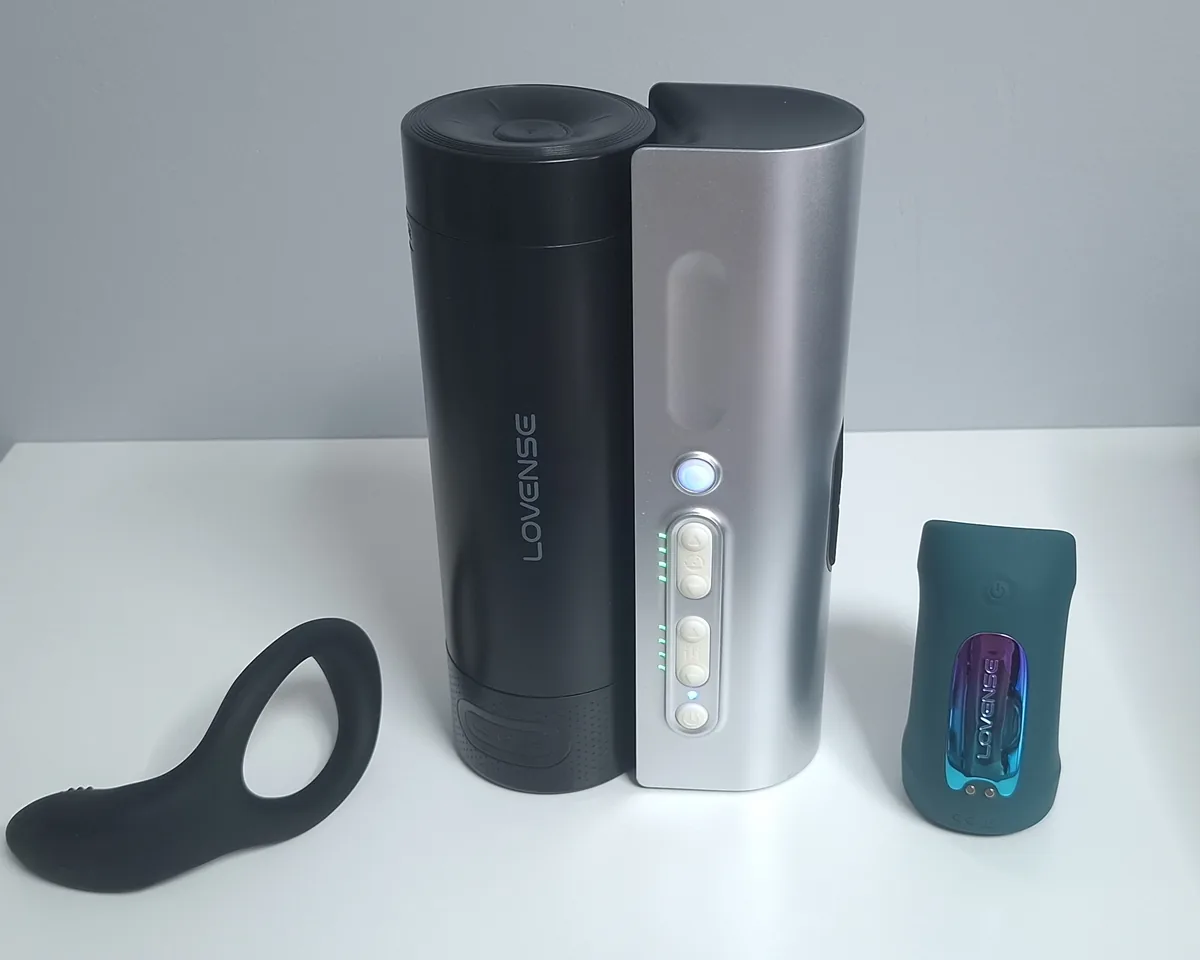 The Lovense Solace Pro next to a Lovense Diamo cock ring and a Gush 2 vibrator