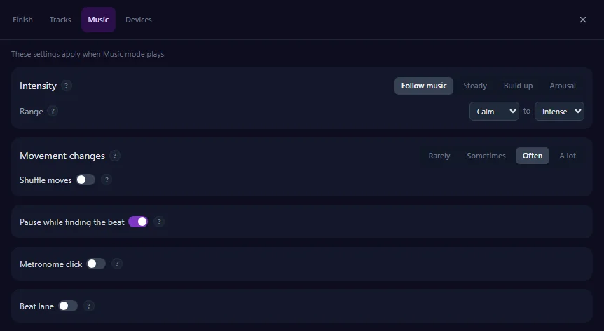 The Music tab of the settings panel in the player